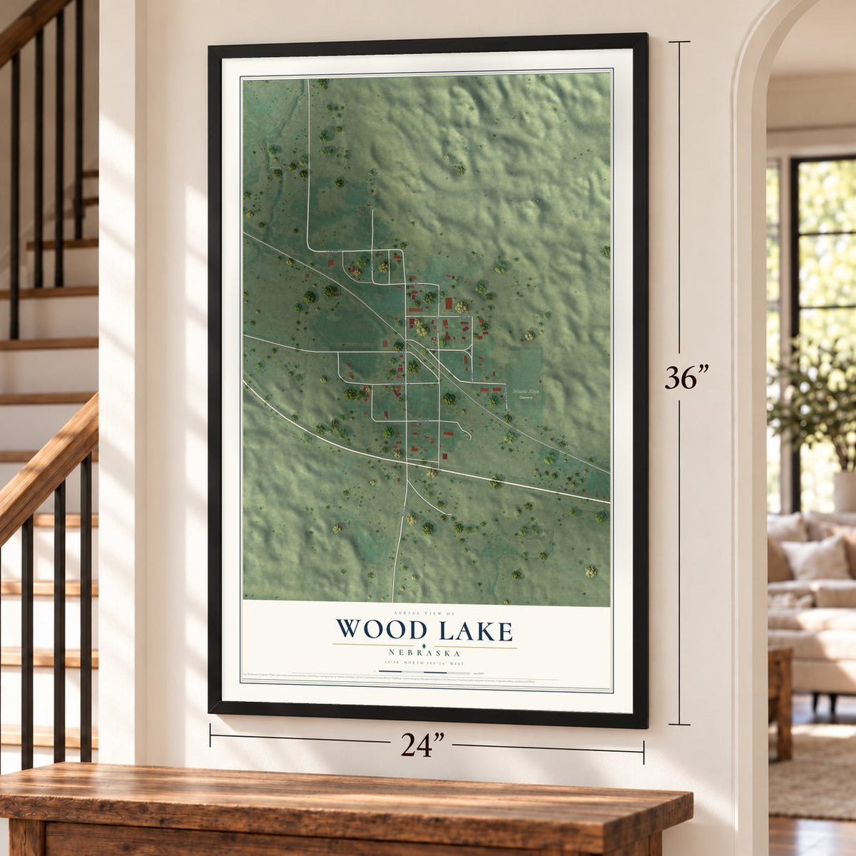 Wood Lake, Nebraska map, 24 x 36 inch print in a black frame by a staircase