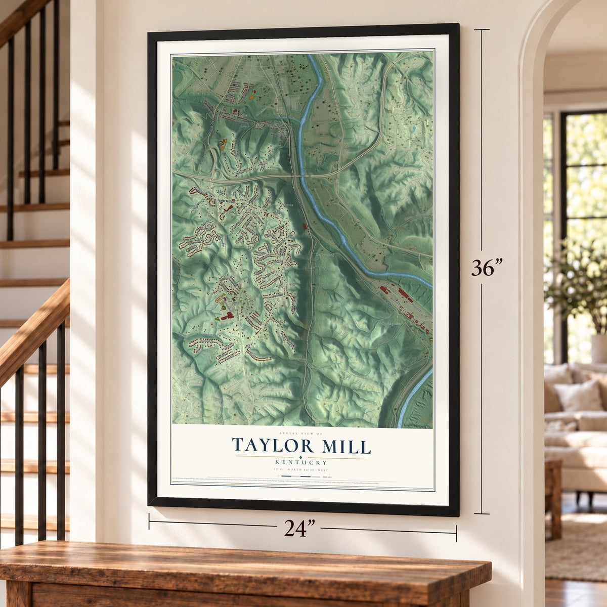 Taylor Mill, Kentucky map, 24 x 36 inch print in a black frame by a staircase