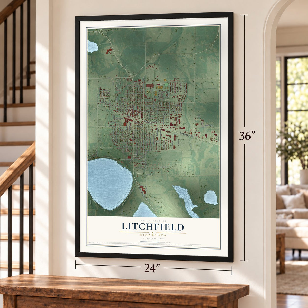 Litchfield, Minnesota map, 24 x 36 inch print in a black frame by a staircase