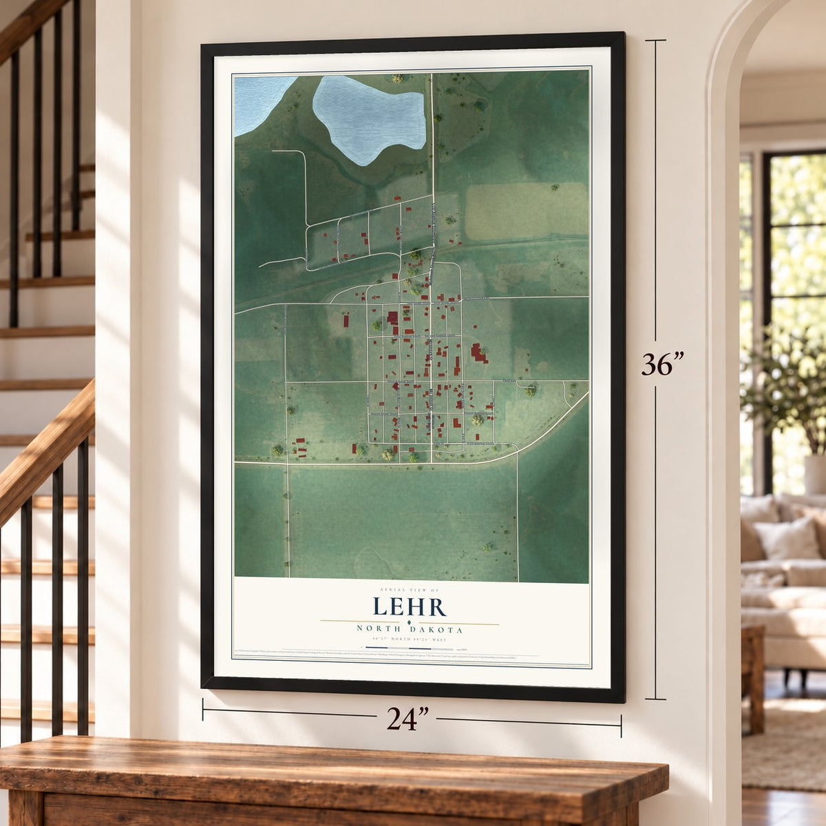 Lehr, North Dakota map, 24 x 36 inch print in a black frame by a staircase