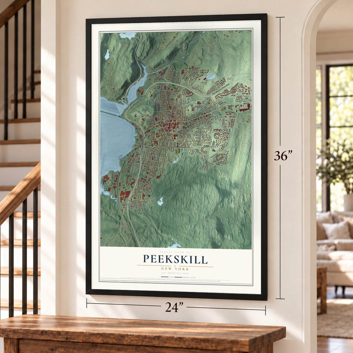 Peekskill, New York map, 24 x 36 inch print in a black frame by a staircase