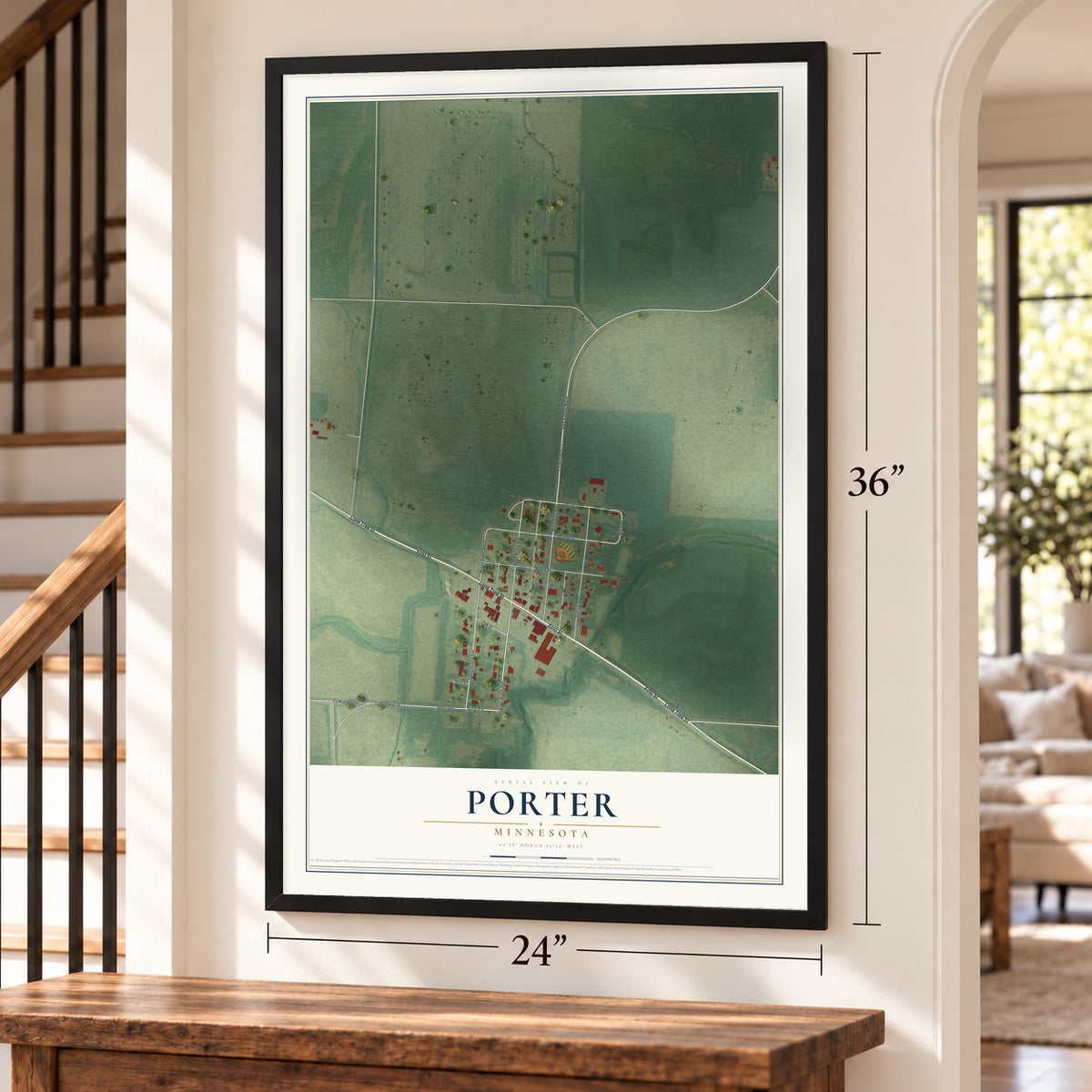 Porter, Minnesota map, 24 x 36 inch print in a black frame by a staircase