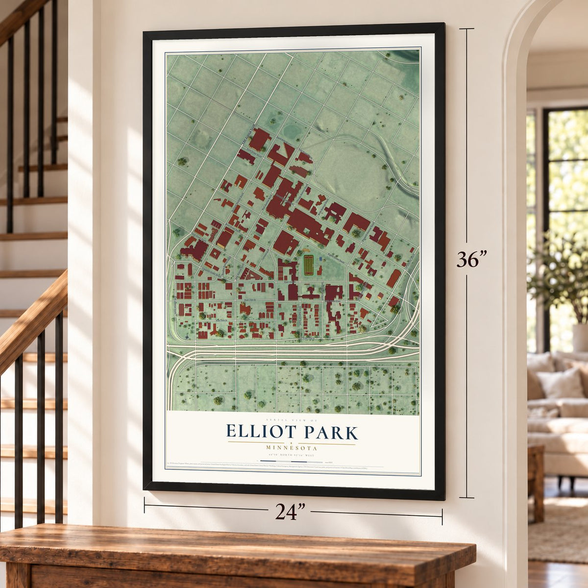 Elliot Park, Minnesota map, 24 x 36 inch print in a black frame by a staircase