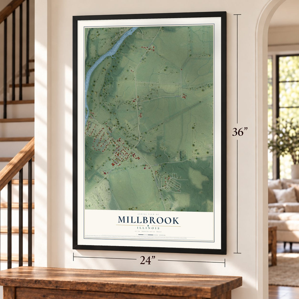 Millbrook, Illinois map, 24 x 36 inch print in a black frame by a staircase