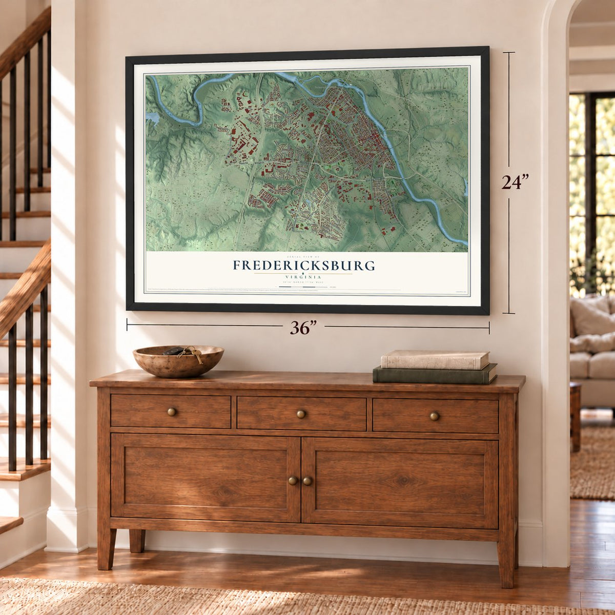 Fredericksburg, Virginia map, 24 x 36 inch print in a black frame above a dresser by a staircase