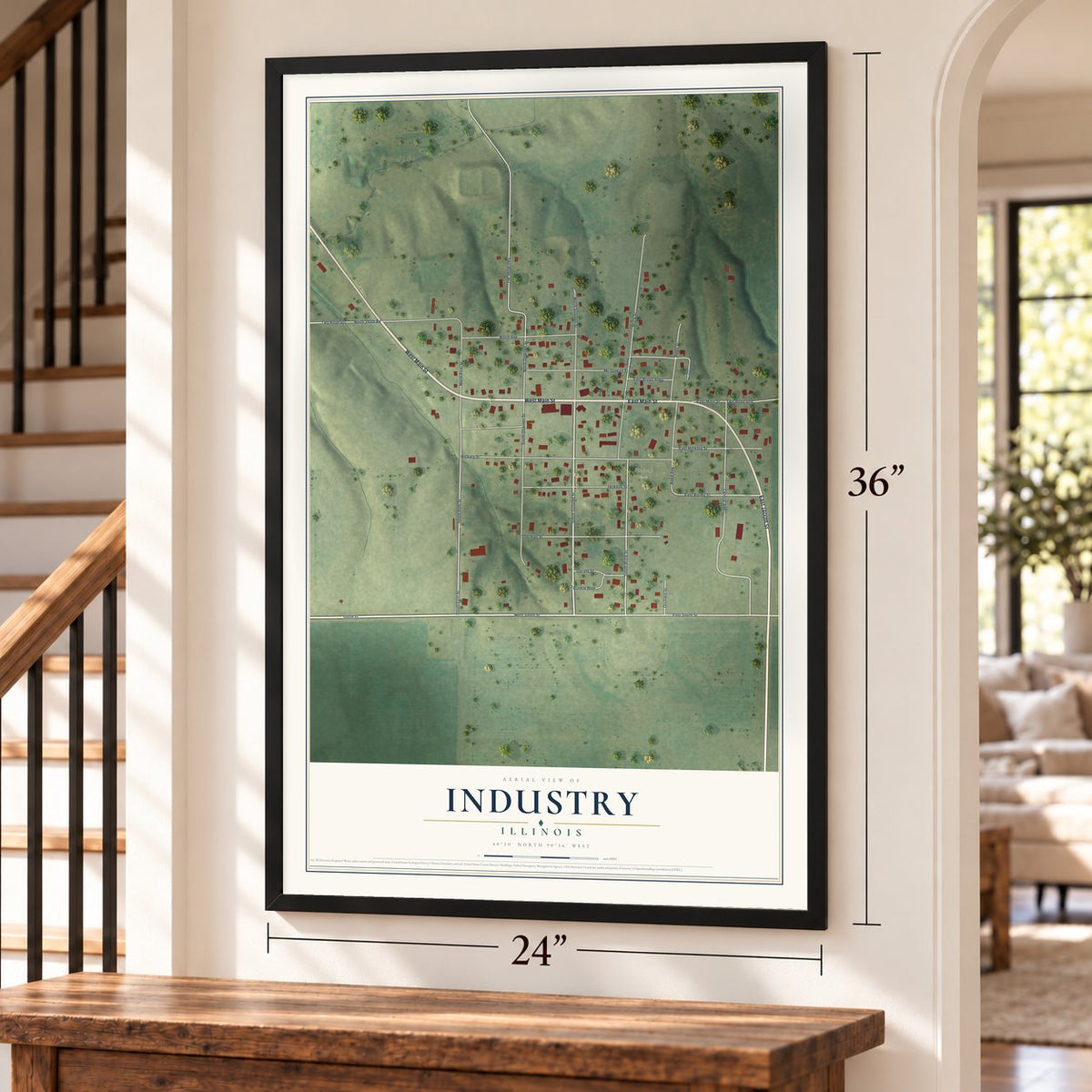 Industry, Illinois map, 24 x 36 inch print in a black frame by a staircase
