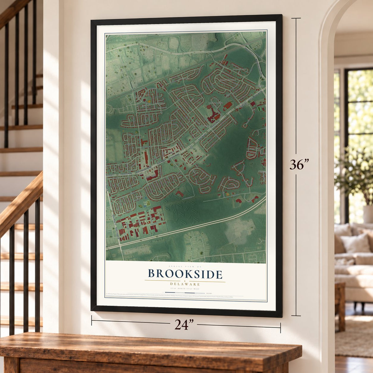 Brookside, Delaware map, 24 x 36 inch print in a black frame by a staircase