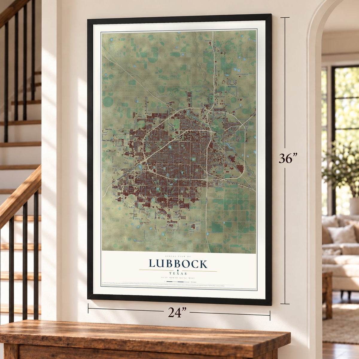 Lubbock, Texas map, 24 x 36 inch print in a black frame by a staircase