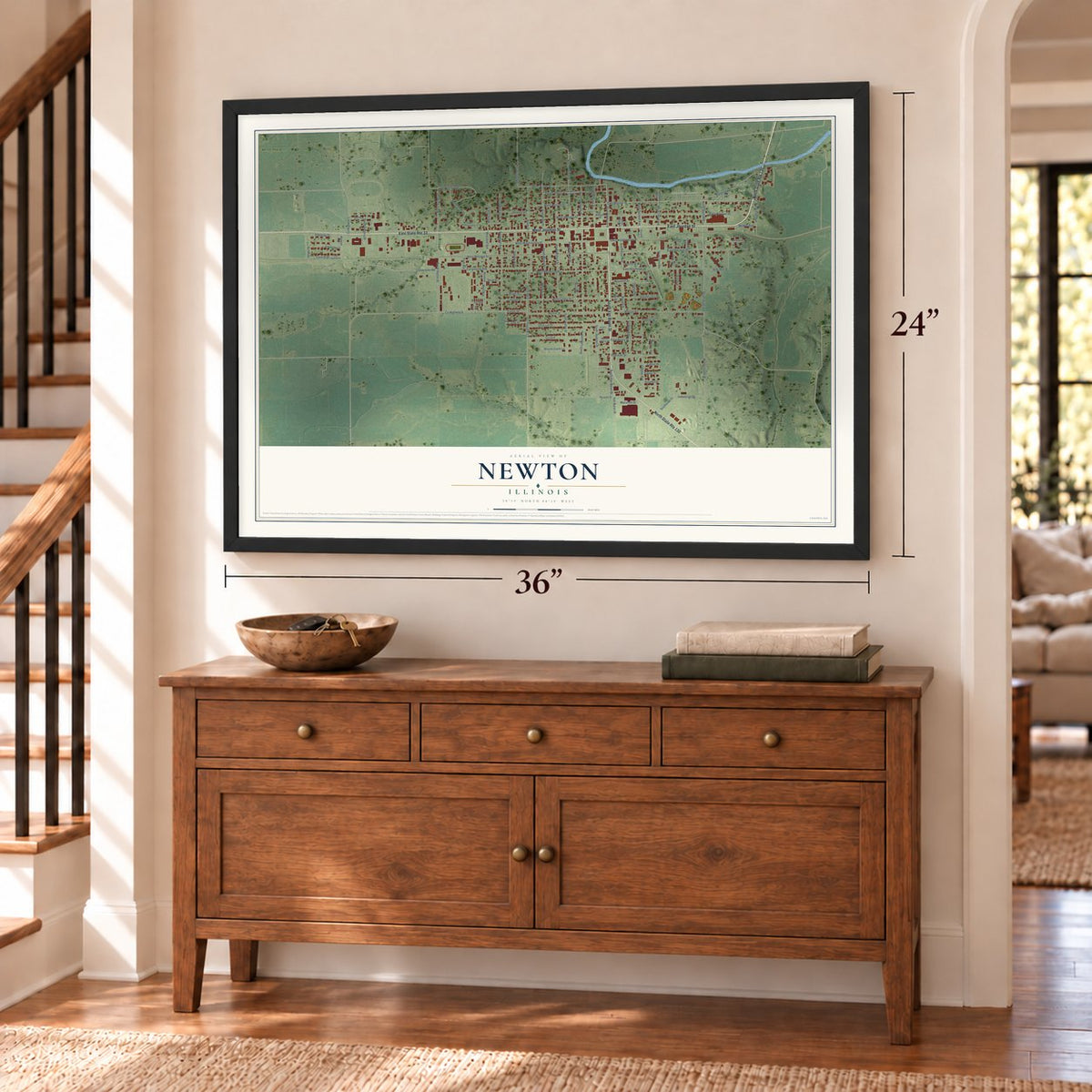 Newton, Illinois map, 24 x 36 inch print in a black frame above a dresser by a staircase