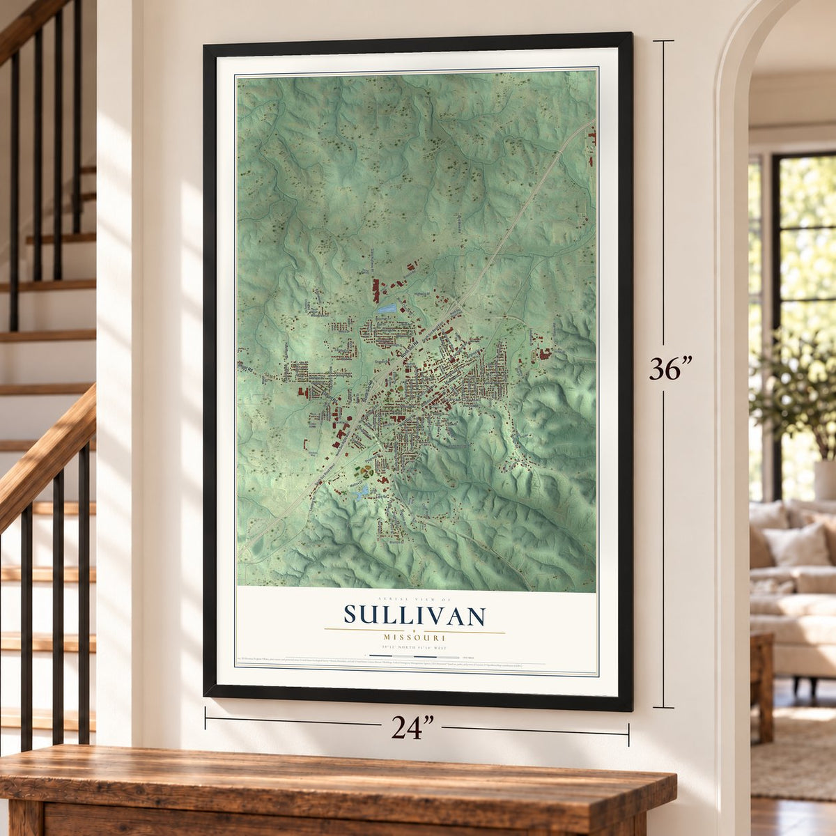 Sullivan, Missouri map, 24 x 36 inch print in a black frame by a staircase