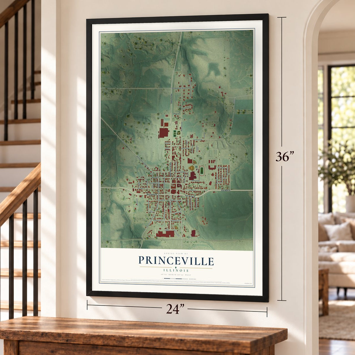 Princeville, Illinois map, 24 x 36 inch print in a black frame by a staircase