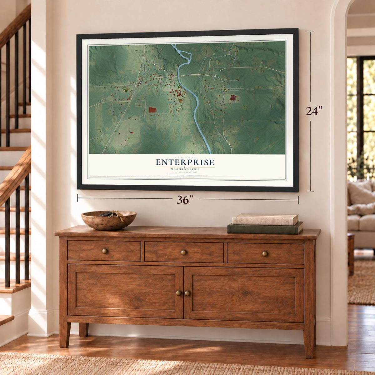 Enterprise, Mississippi map, 24 x 36 inch print in a black frame above a dresser by a staircase