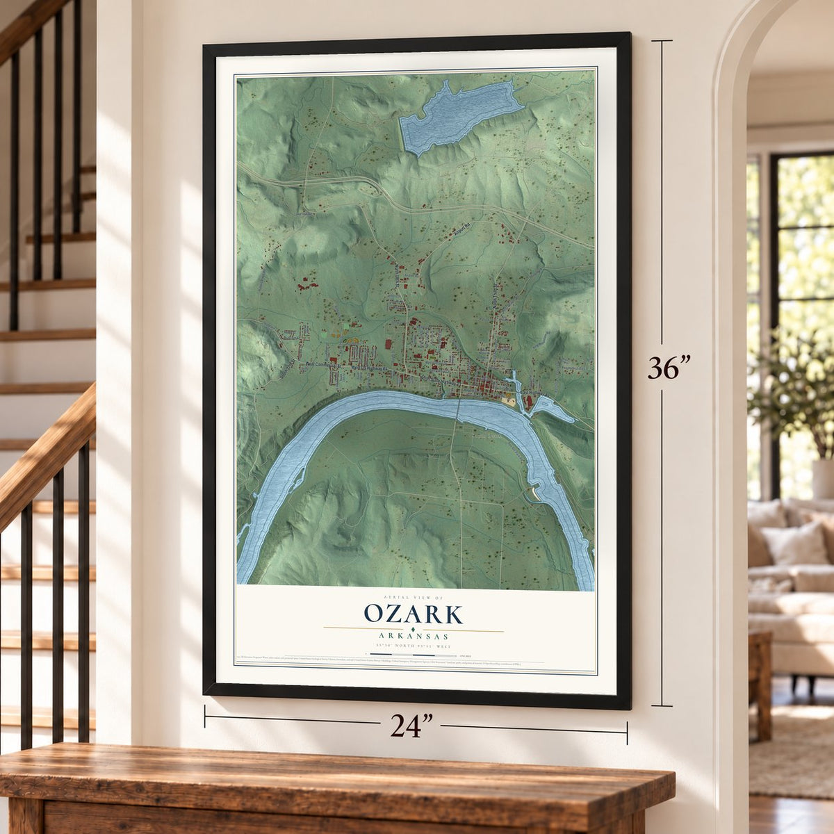 Ozark, Arkansas map, 24 x 36 inch print in a black frame by a staircase