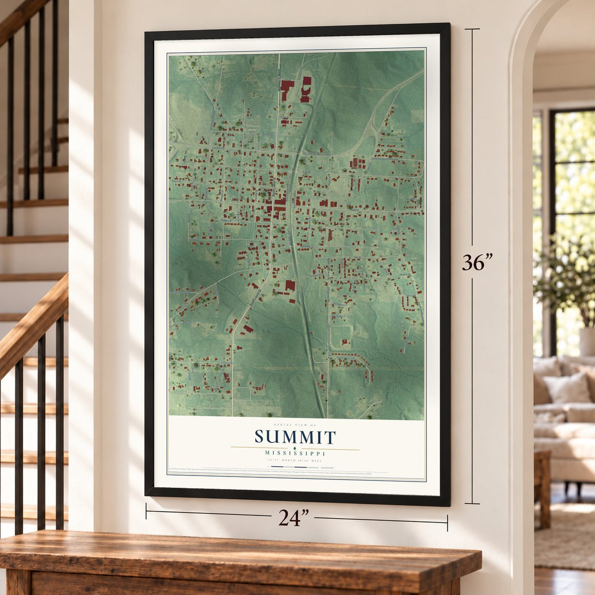 Summit, Mississippi map, 24 x 36 inch print in a black frame by a staircase