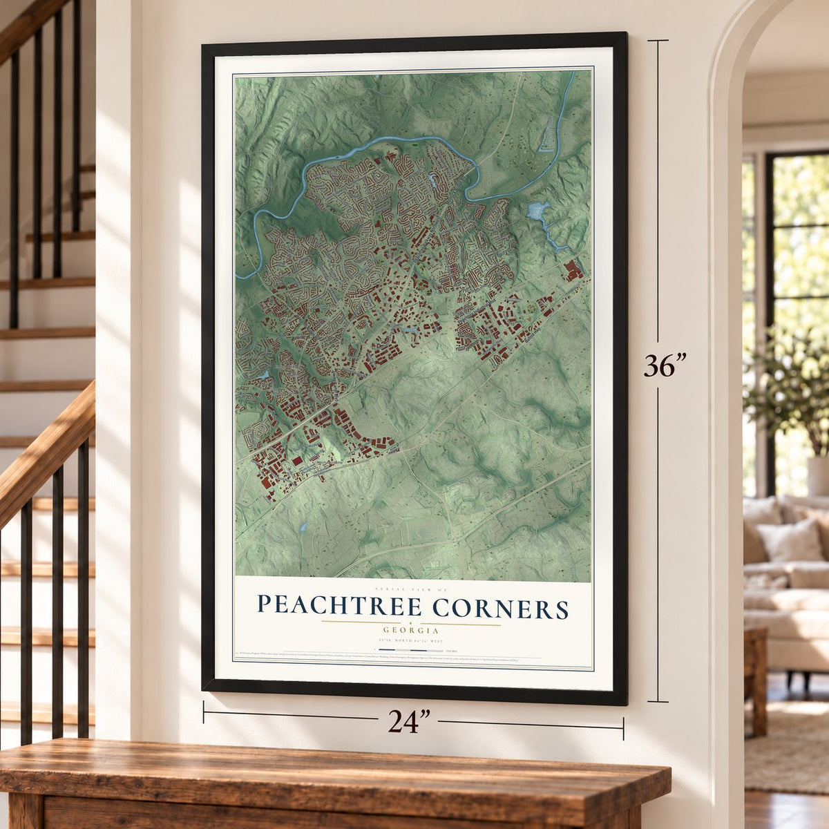 Peachtree Corners, Georgia map, 24 x 36 inch print in a black frame by a staircase