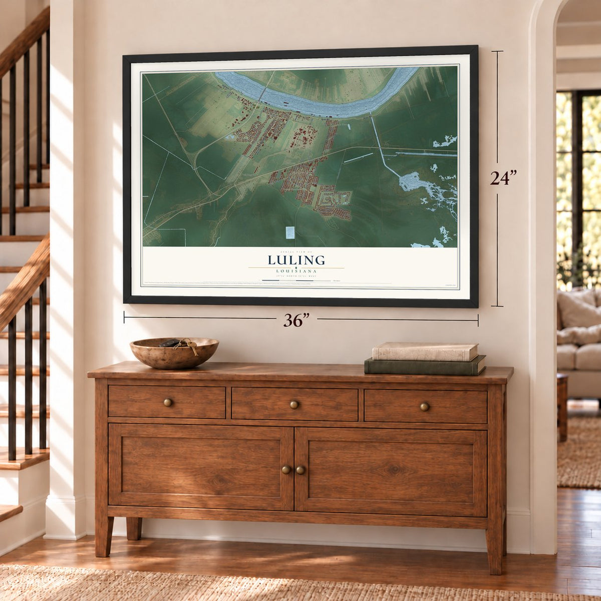 Luling, Louisiana map, 24 x 36 inch print in a black frame above a dresser by a staircase