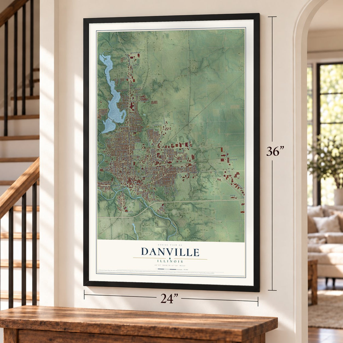 Danville, Illinois map, 24 x 36 inch print in a black frame by a staircase