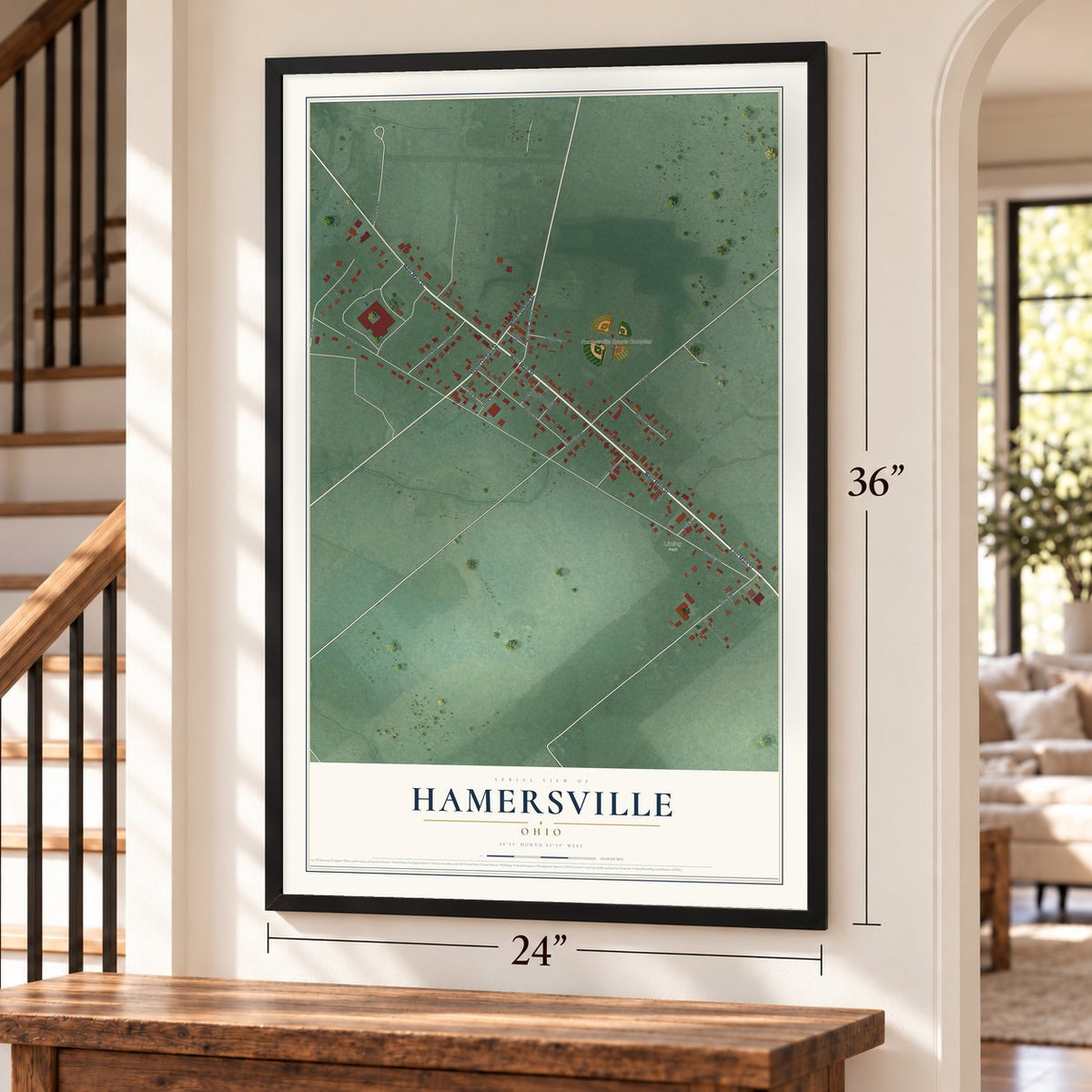 Hamersville, Ohio map, 24 x 36 inch print in a black frame by a staircase