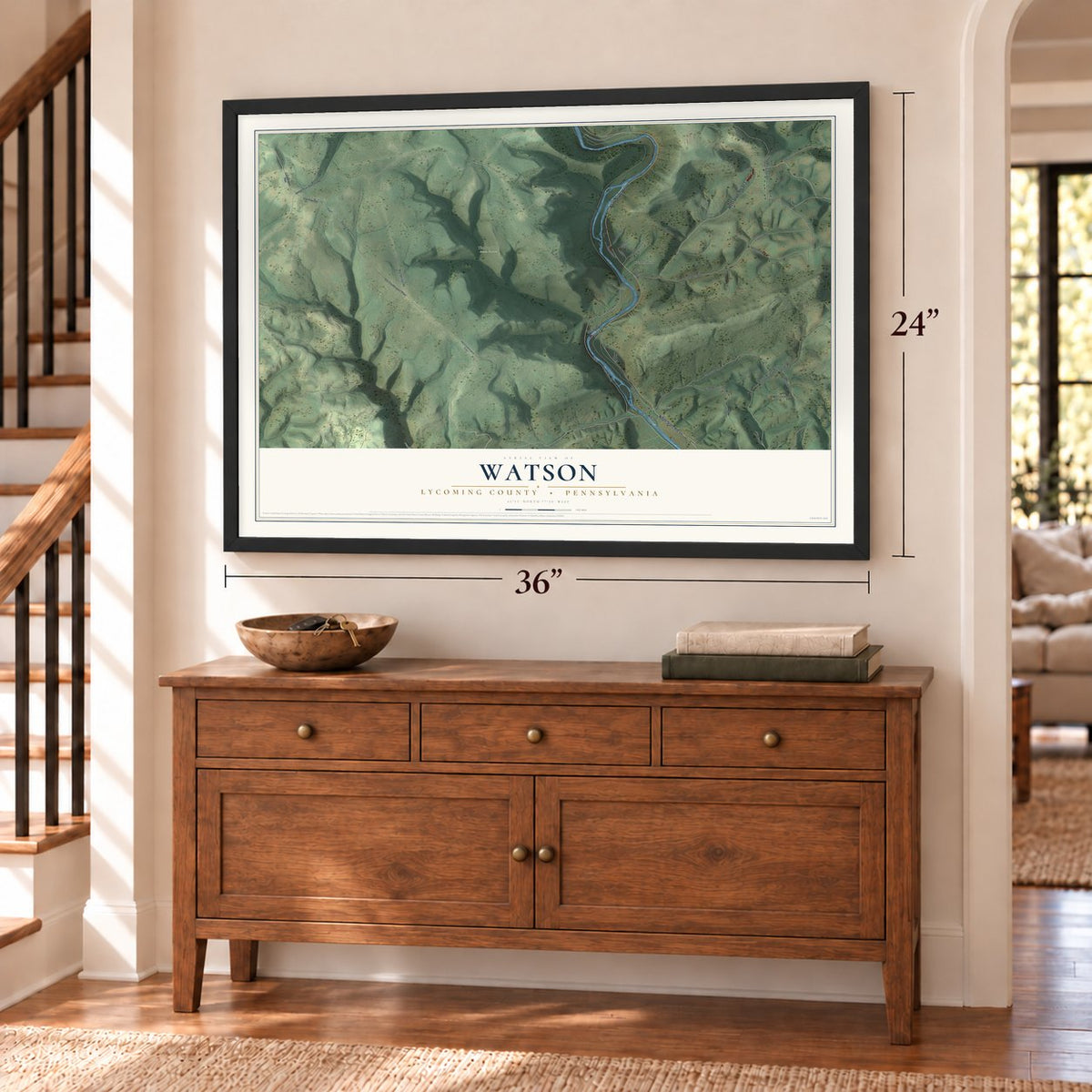 Watson, Lycoming County, Pennsylvania map, 24 x 36 inch print in a black frame above a dresser by a staircase