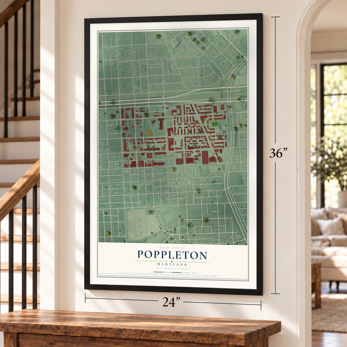 Poppleton, Maryland map, 24 x 36 inch print in a black frame by a staircase