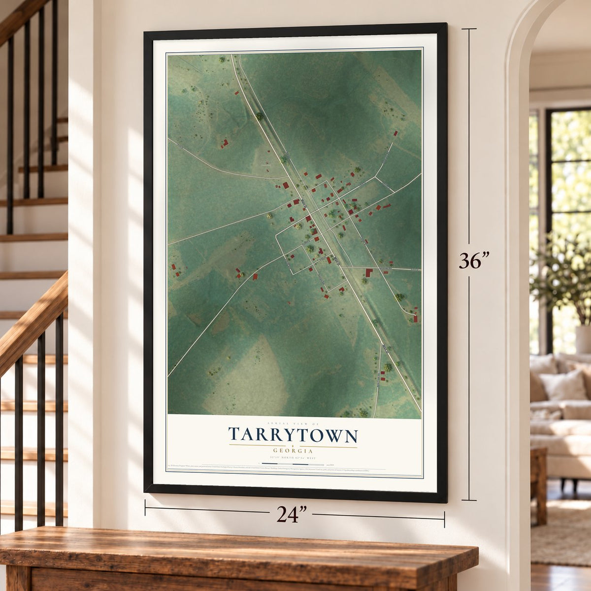 Tarrytown, Georgia map, 24 x 36 inch print in a black frame by a staircase