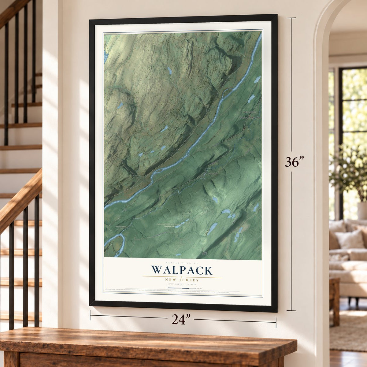 Walpack, New Jersey map, 24 x 36 inch print in a black frame by a staircase