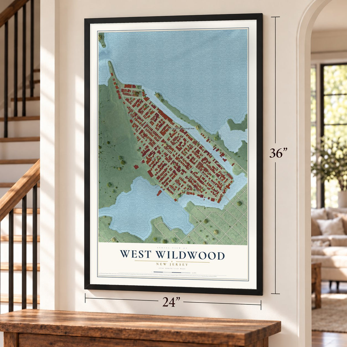 West Wildwood, New Jersey map, 24 x 36 inch print in a black frame by a staircase