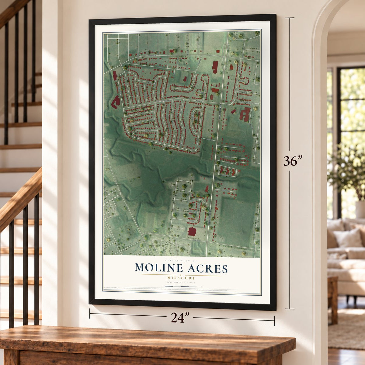 Moline Acres, Missouri map, 24 x 36 inch print in a black frame by a staircase