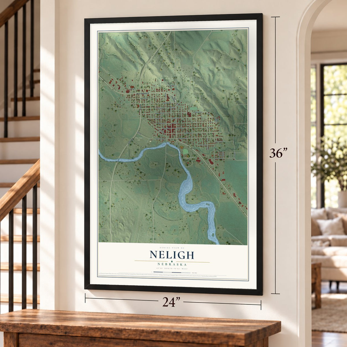 Neligh, Nebraska map, 24 x 36 inch print in a black frame by a staircase