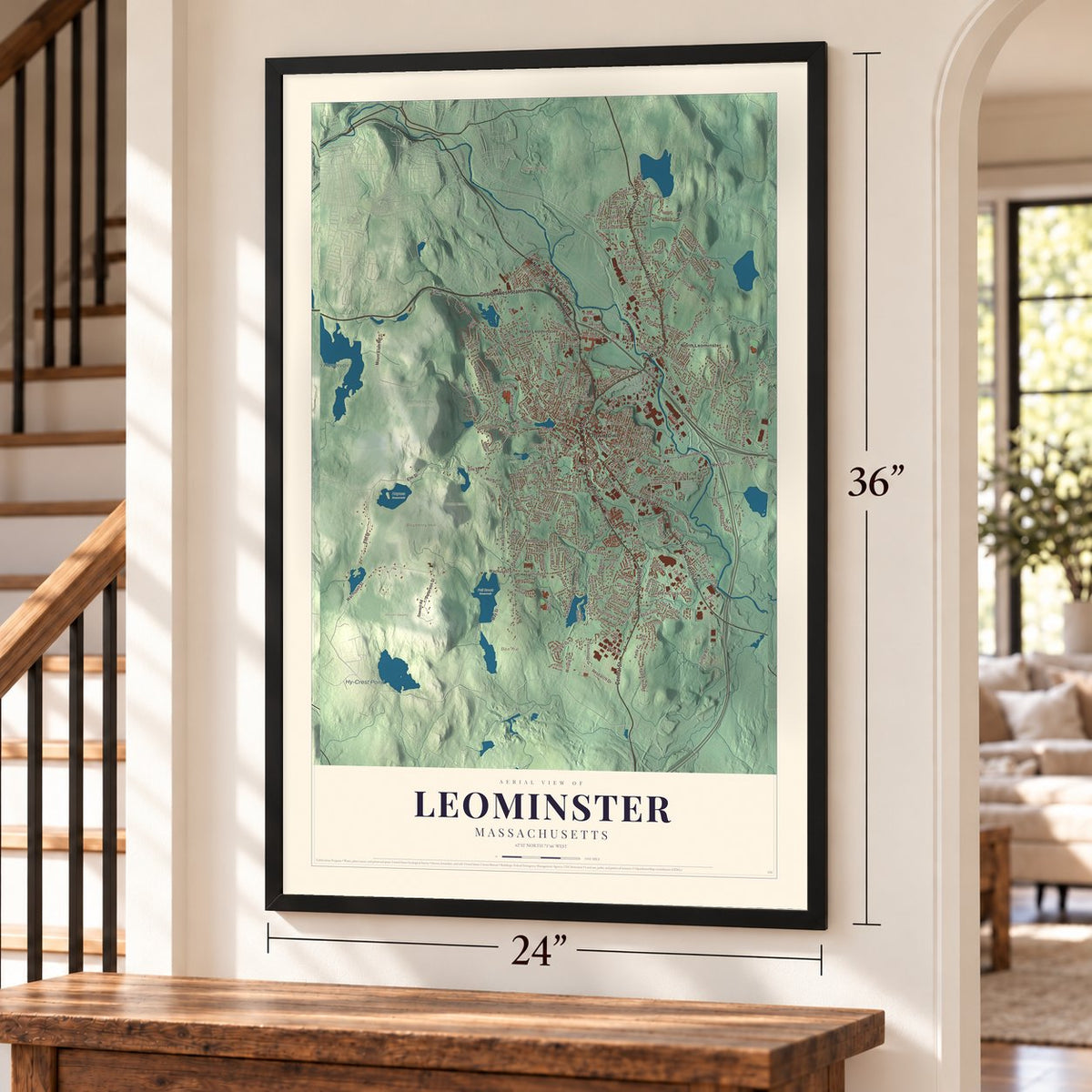 Leominster, Massachusetts map, 24 x 36 inch print in a black frame by a staircase