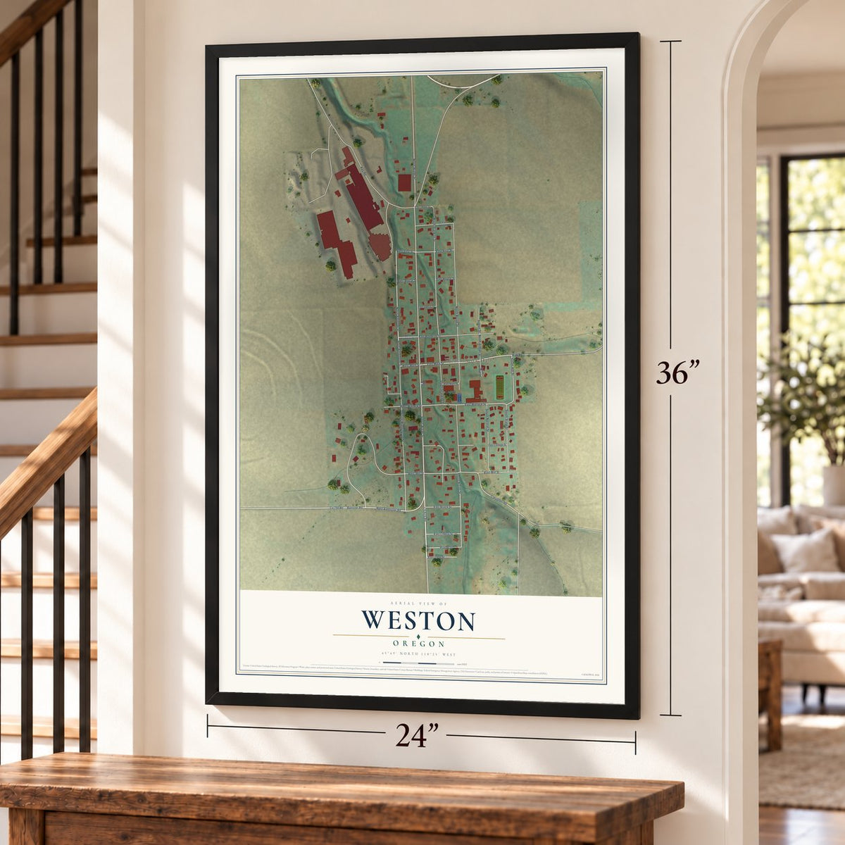 Weston, Oregon map, 24 x 36 inch print in a black frame by a staircase