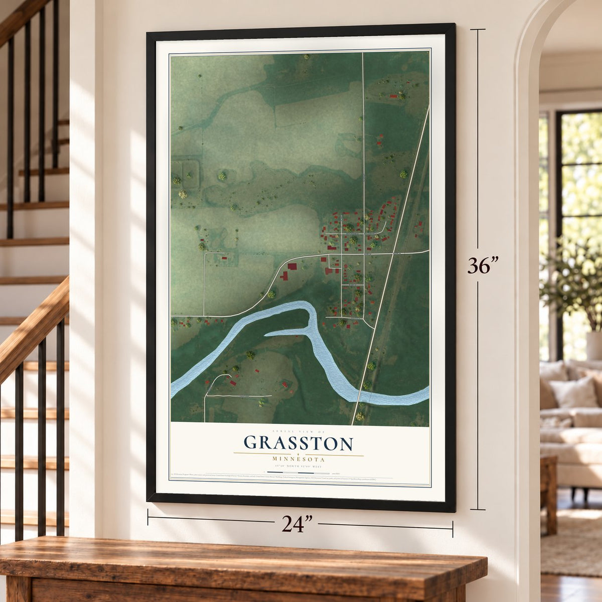 Grasston, Minnesota map, 24 x 36 inch print in a black frame by a staircase