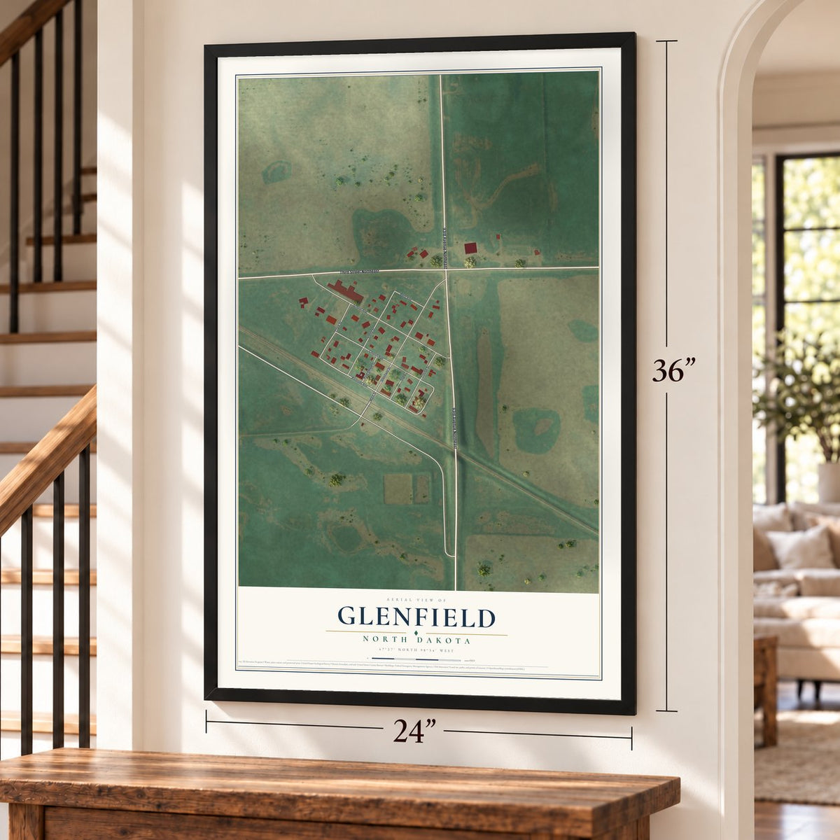 Glenfield, North Dakota map, 24 x 36 inch print in a black frame by a staircase