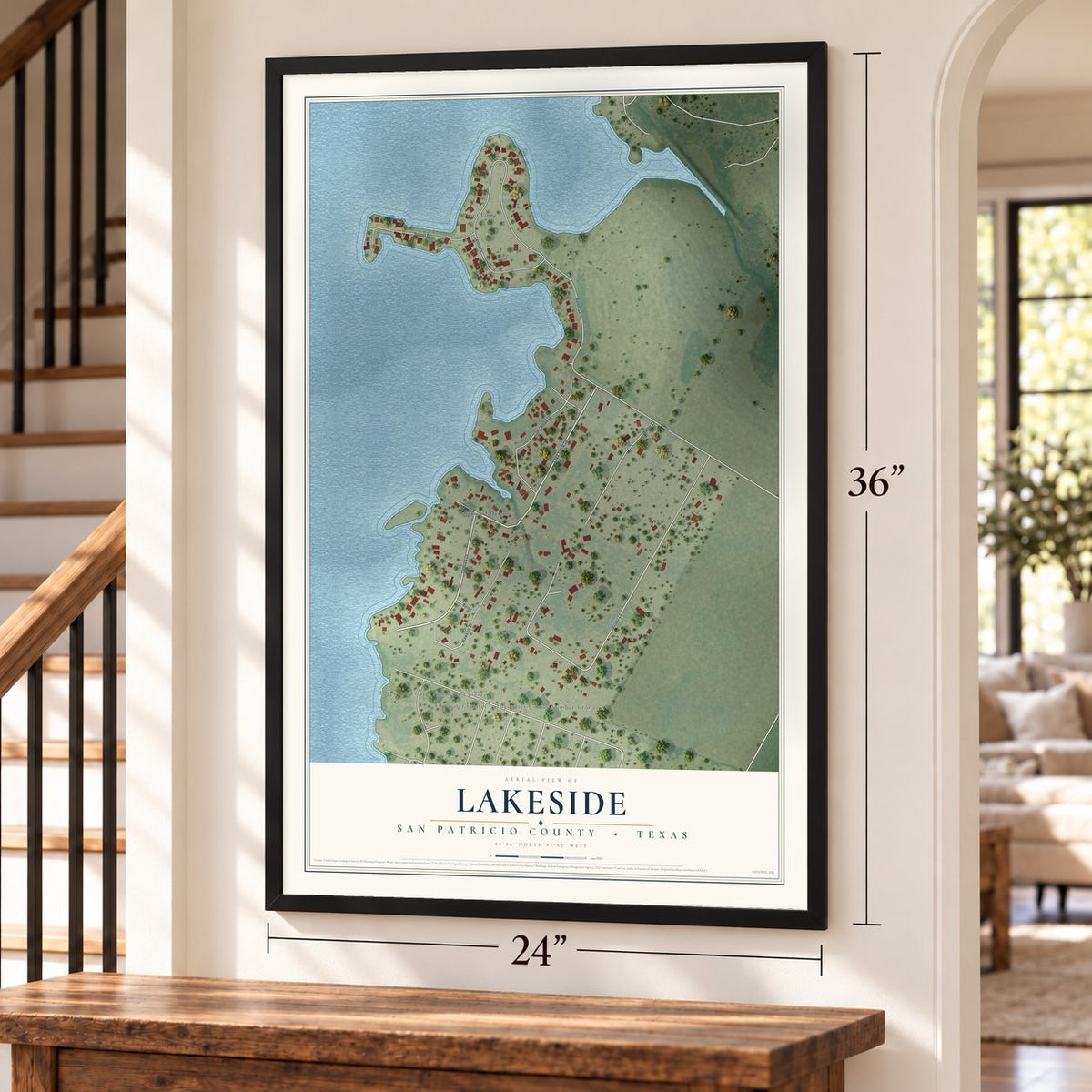 Lakeside, San Patricio County, Texas map, 24 x 36 inch print in a black frame by a staircase