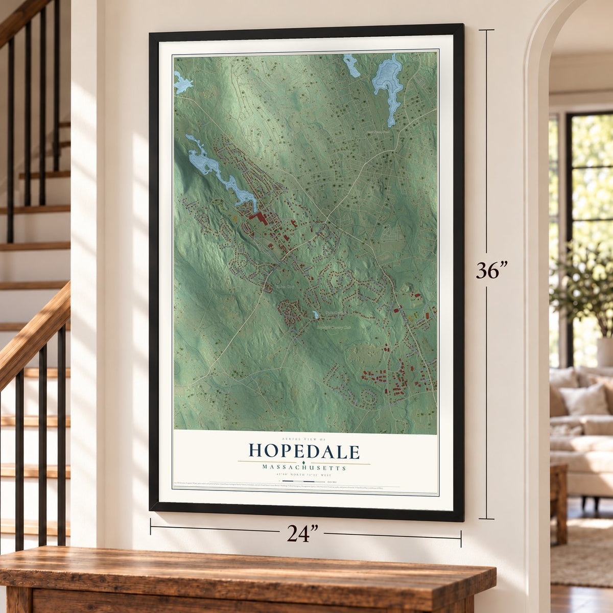 Hopedale, Massachusetts map, 24 x 36 inch print in a black frame by a staircase