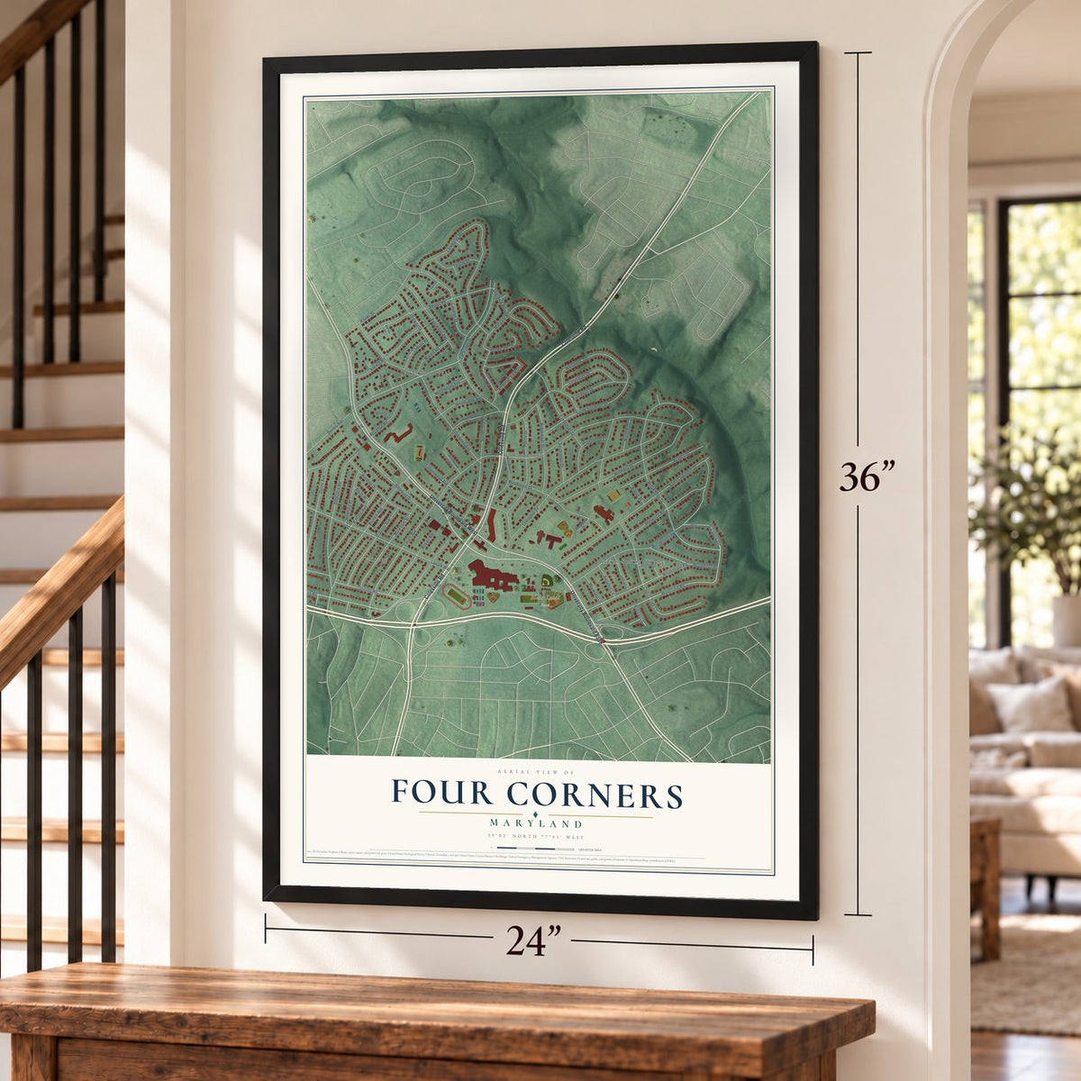 Four Corners, Maryland map, 24 x 36 inch print in a black frame by a staircase