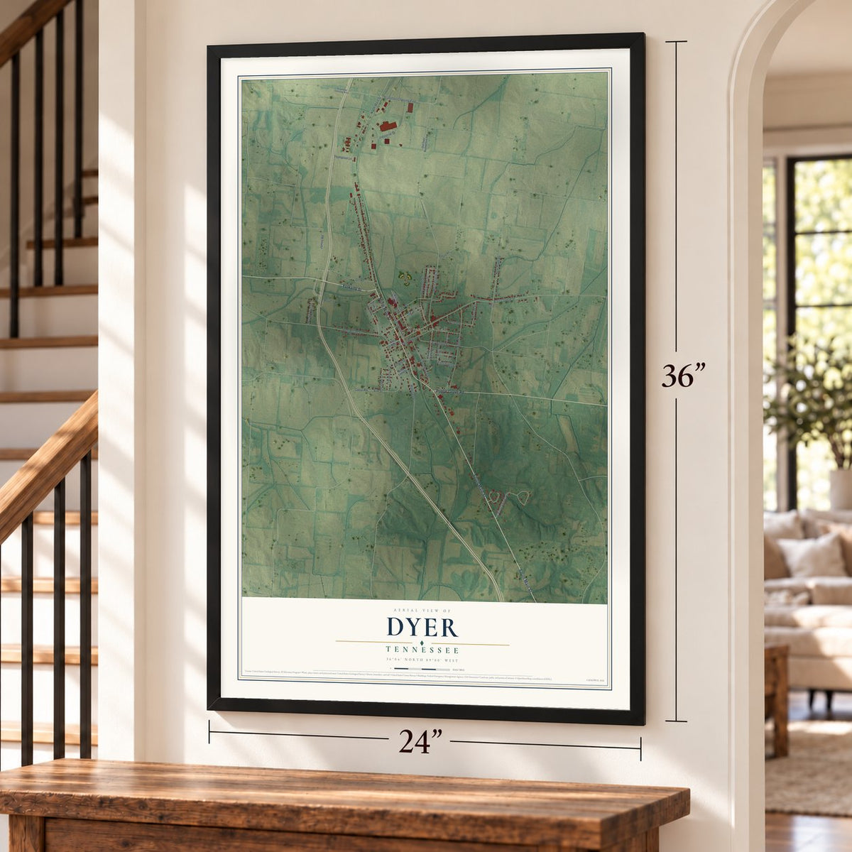 Dyer, Tennessee map, 24 x 36 inch print in a black frame by a staircase