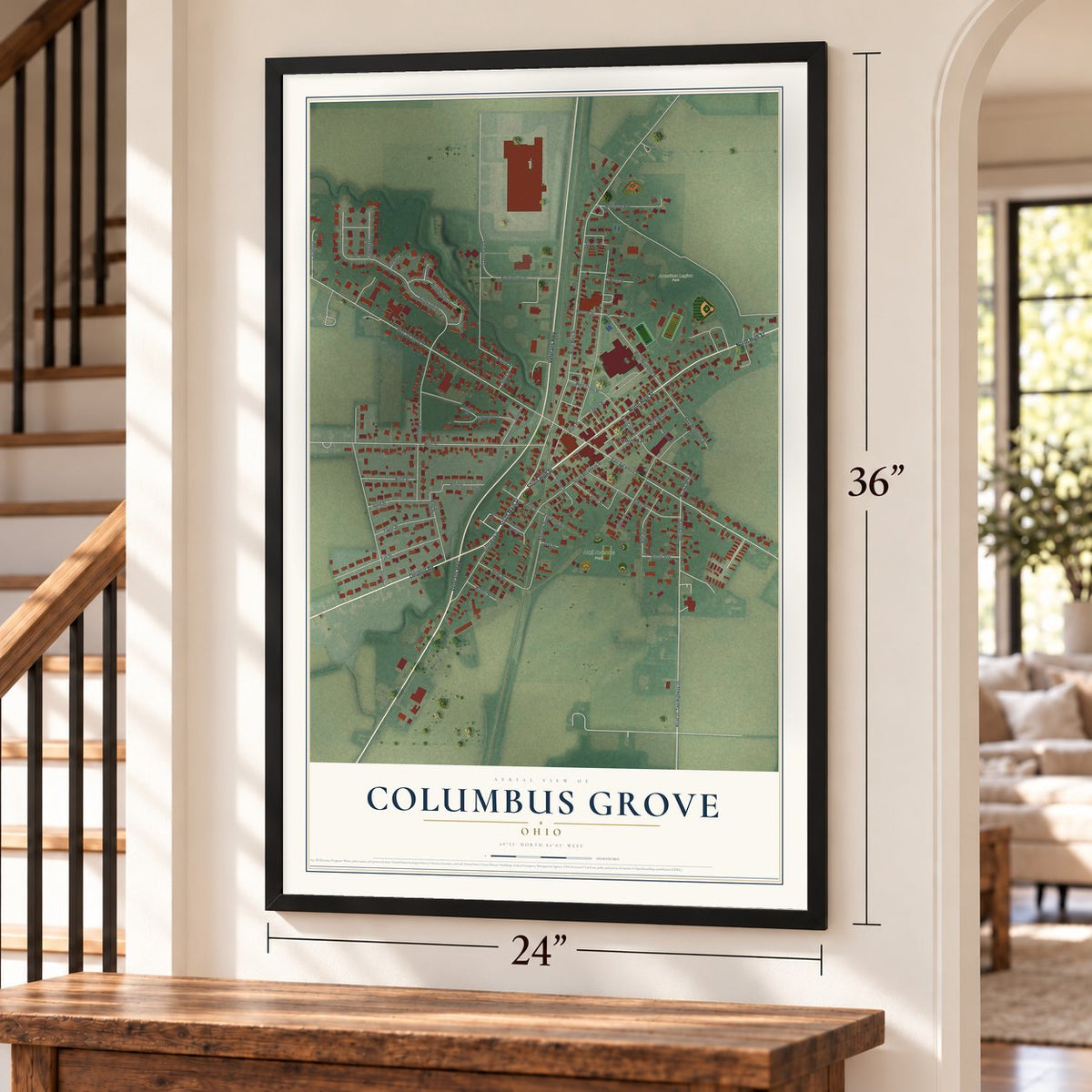 Columbus Grove, Ohio map, 24 x 36 inch print in a black frame by a staircase
