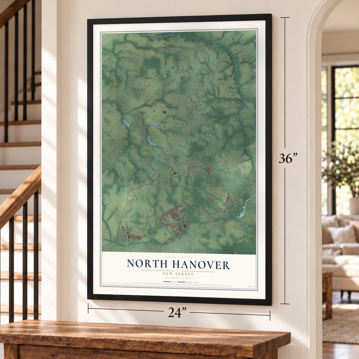 North Hanover, New Jersey map, 24 x 36 inch print in a black frame by a staircase