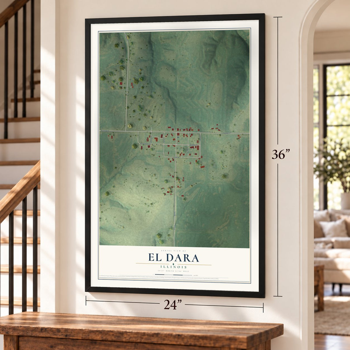 El Dara, Illinois map, 24 x 36 inch print in a black frame by a staircase