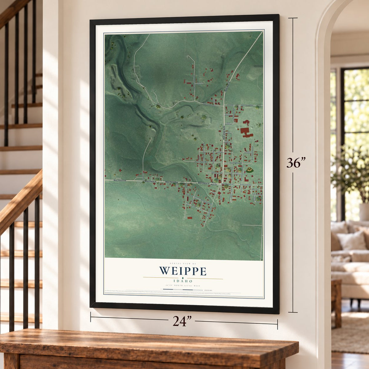 Weippe, Idaho map, 24 x 36 inch print in a black frame by a staircase
