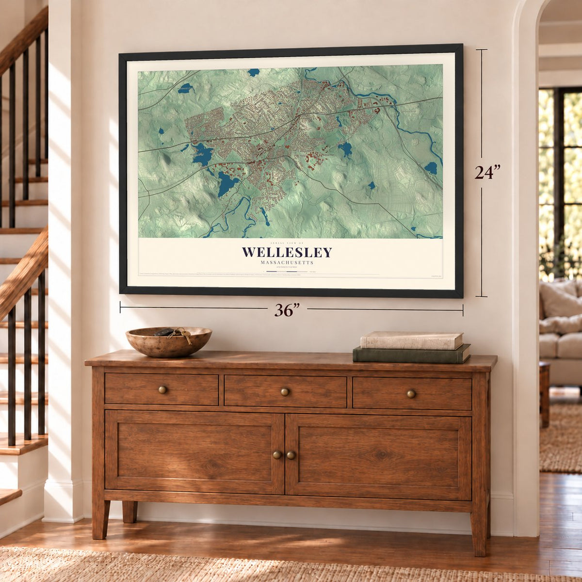 Wellesley, Massachusetts map, 24 x 36 inch print in a black frame above a dresser by a staircase