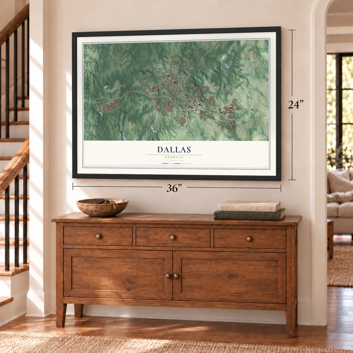 Dallas, Georgia map, 24 x 36 inch print in a black frame above a dresser by a staircase