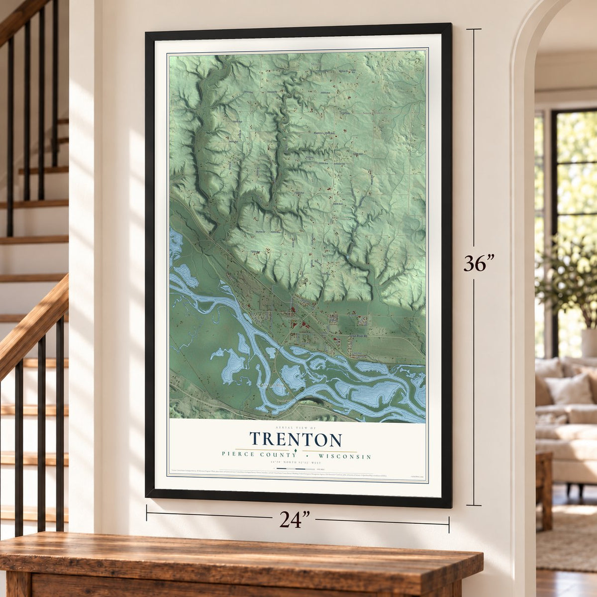 Trenton, Pierce County, Wisconsin map, 24 x 36 inch print in a black frame by a staircase