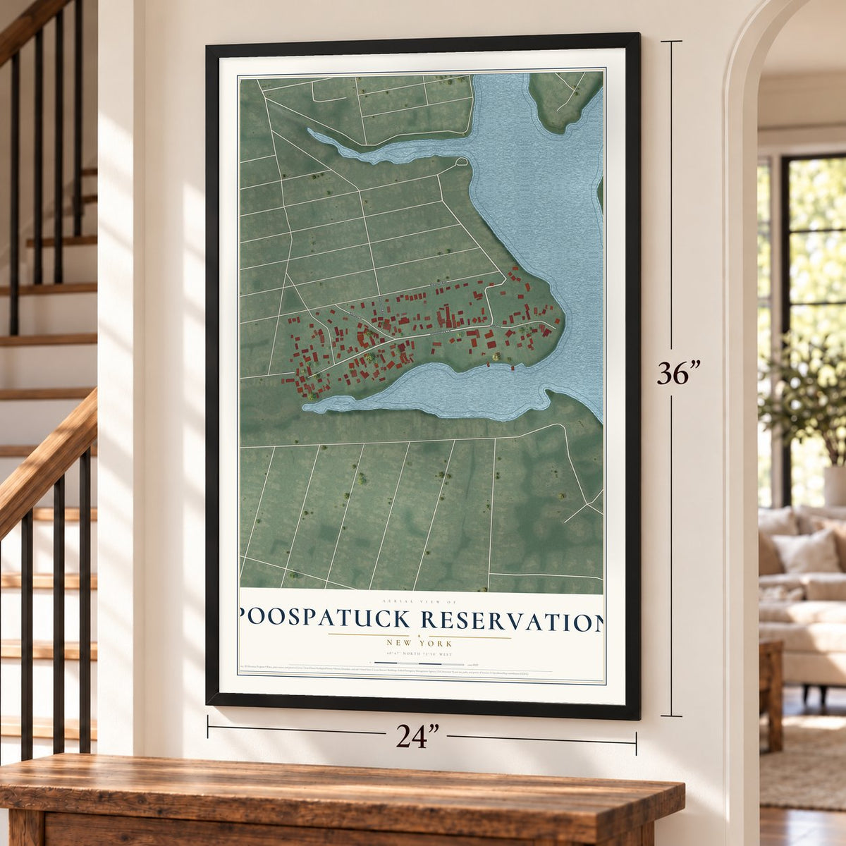 Poospatuck Reservation, New York map, 24 x 36 inch print in a black frame by a staircase