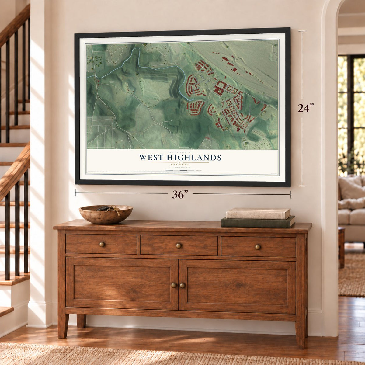 West Highlands, Georgia map, 24 x 36 inch print in a black frame above a dresser by a staircase