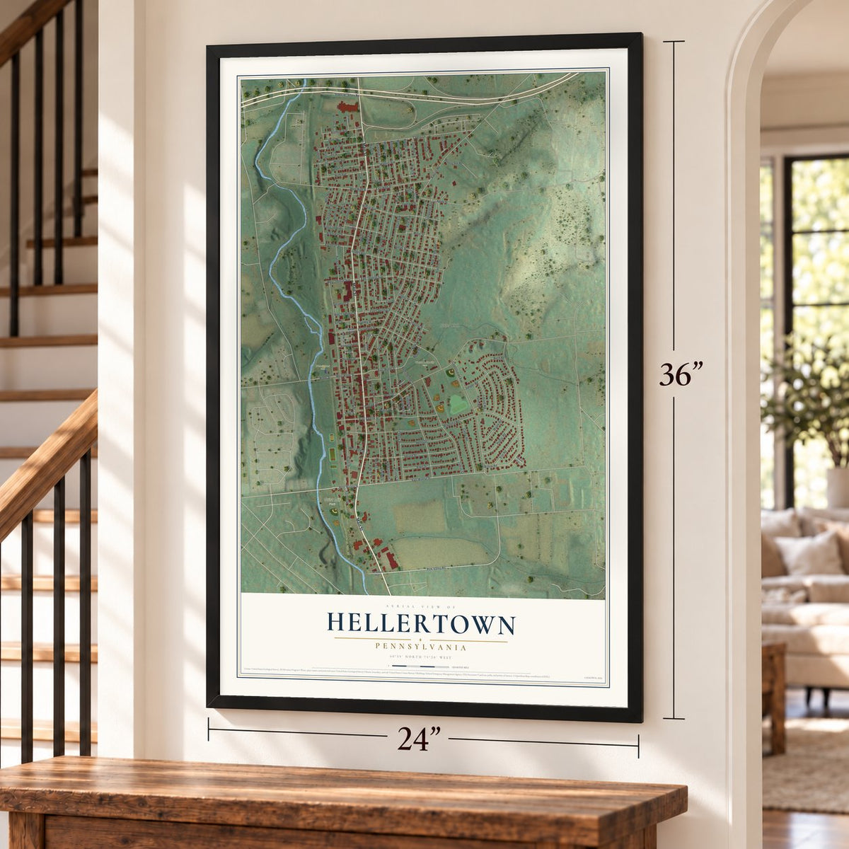 Hellertown, Pennsylvania map, 24 x 36 inch print in a black frame by a staircase