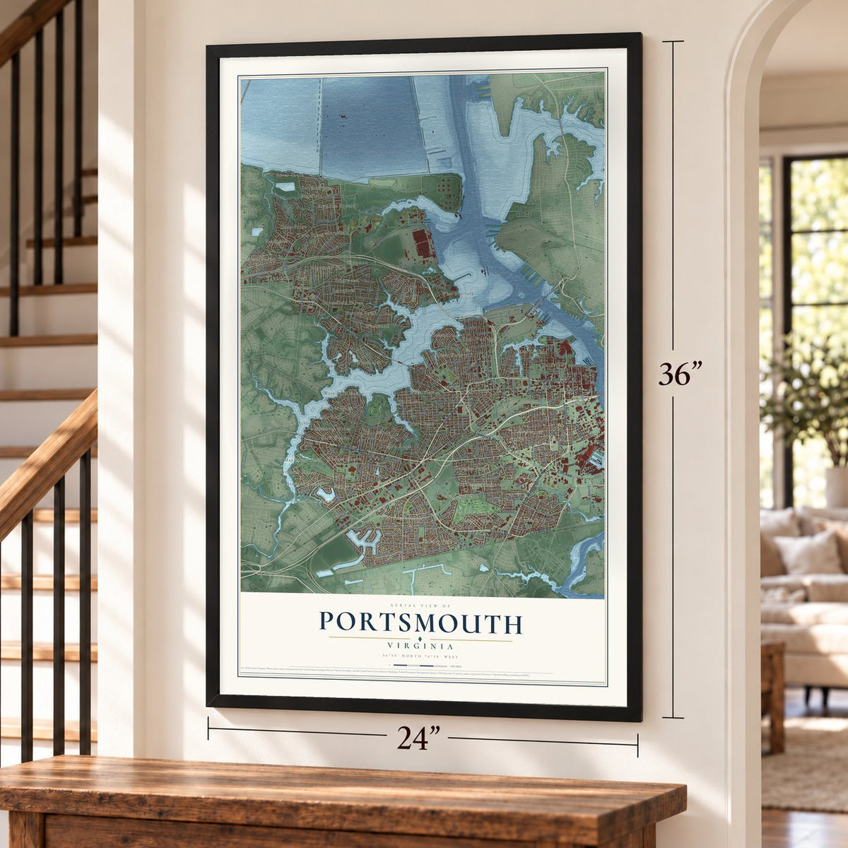 Portsmouth, Virginia map, 24 x 36 inch print in a black frame by a staircase