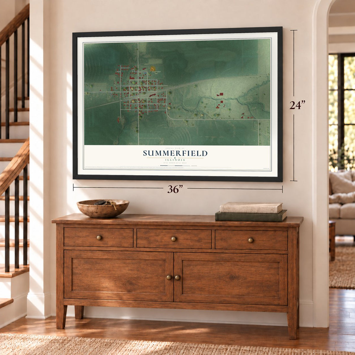 Summerfield, Illinois map, 24 x 36 inch print in a black frame above a dresser by a staircase