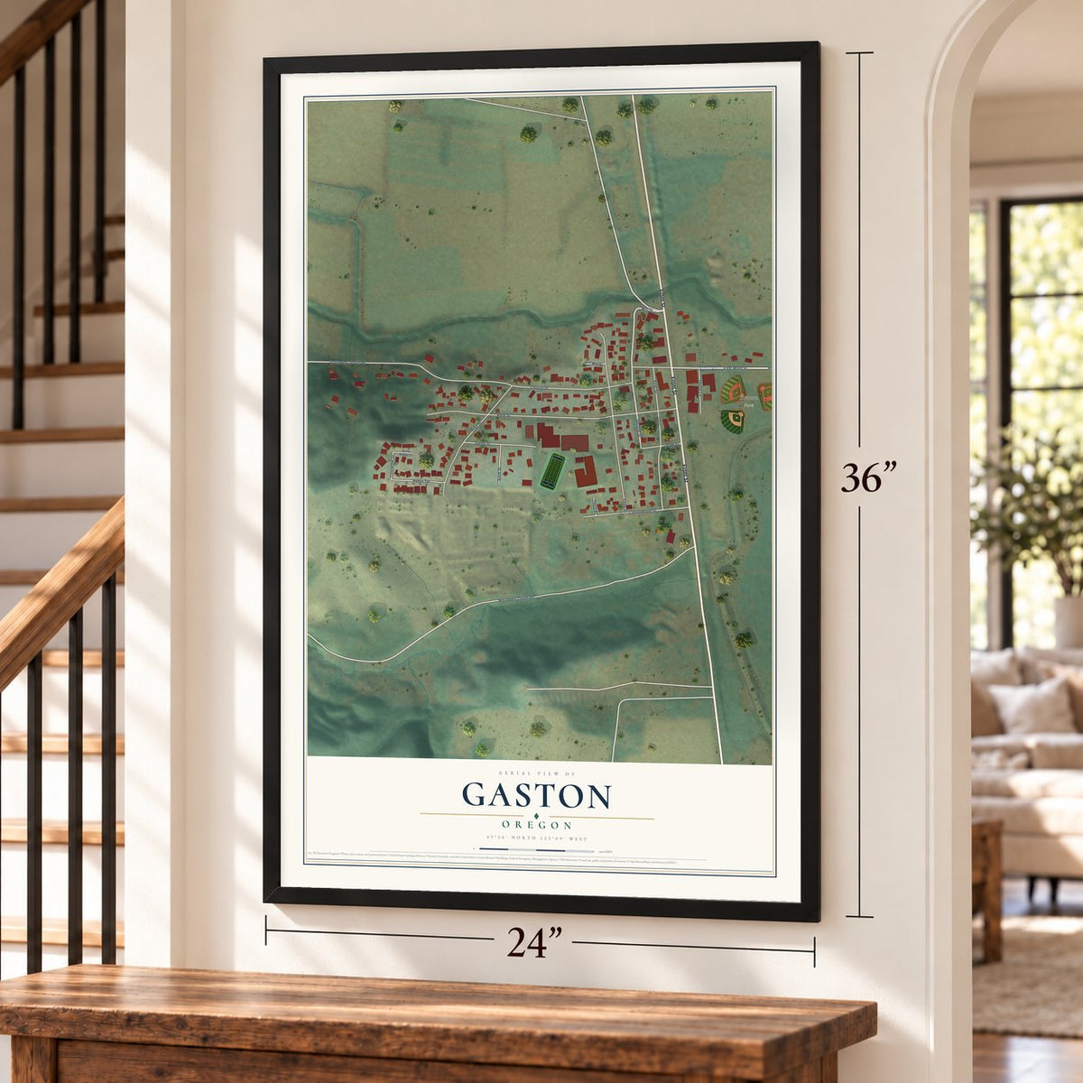 Gaston, Oregon map, 24 x 36 inch print in a black frame by a staircase